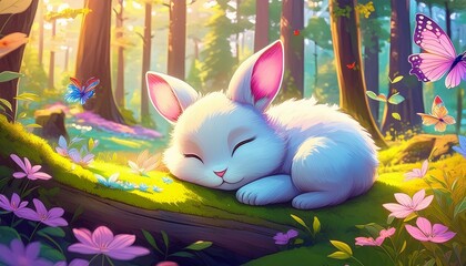 따뜻한 봄날, 숲속에서 잠자고 있는 귀여운 아기 토끼