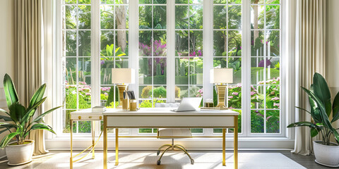 Elegant New England Home Office: A sophisticated home office boasting a white-painted desk with gold accents, flanked by tall sash windows overlooking a lush garden, creating a serene and stylish work