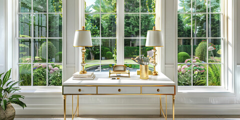 Fototapeta na wymiar Elegant New England Home Office: A sophisticated home office boasting a white-painted desk with gold accents, flanked by tall sash windows overlooking a lush garden, creating a serene and stylish work