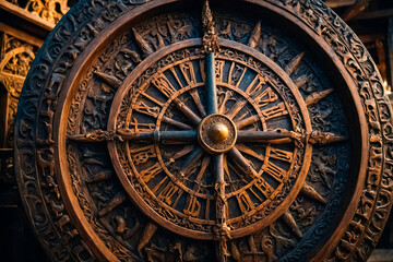 Intricate Carvings on Ancient Wooden Wheel