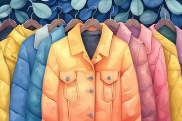 A variety of jackets hang on a rack against a leafy background. The jackets are of different colors and styles.