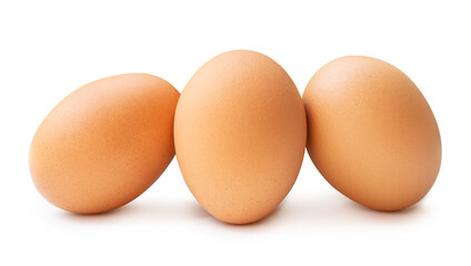 Front view of three fresh brown chicken eggs in stack isolated on white background with clipping...