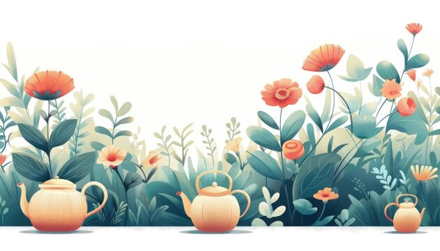 A beautiful digital art image of a lush green field with colorful flowers and three teapots