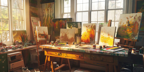 New England Artist's Studio: A sunlit artist's studio filled with canvases in various stages of completion, featuring a large, wooden desk adorned with paints, brushes, and other creative supplies