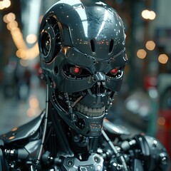 Fototapeta premium Capture a close-up shot of a cyborg with a twisted smile