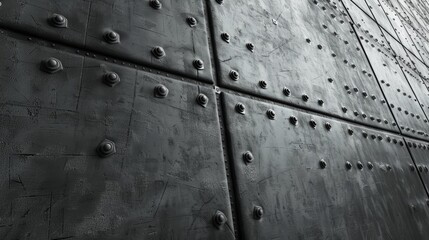 3D rendering of a dark metal wall with rivets.