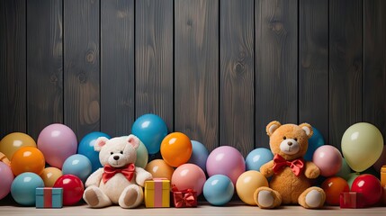 front view of children's day background with balloon and doll ornaments