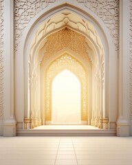 Eid Al-Adha design showcasing Islamic patterns and arches, leaving room for personalized copy space