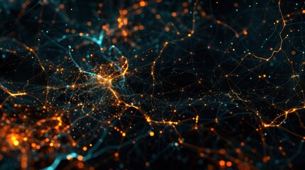 A computer generated image of a black background with orange and blue lines. The lines are glowing and appear to be connected to each other. The image has a futuristic and technological feel to it