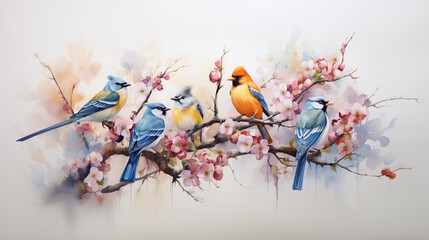 Birds on a blooming branch depicted in a lively watercolor illustration against a soft background.
