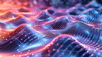 A colorful, abstract image of a wave with a purple and red hue. The image is full of dots and lines, giving it a futuristic and otherworldly feel