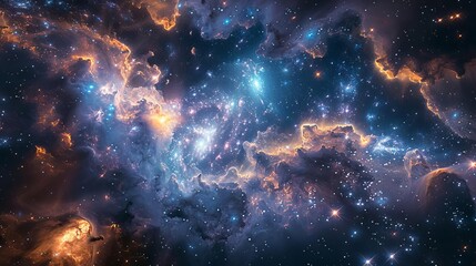 Obraz premium Capture the breathtaking expanse of a cosmic panorama featuring a vibrant galaxy cluster with swirling nebulae