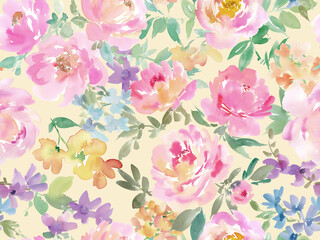 Seamless pattern of pink roses and wildflowers painted in watercolor,Floral pattern for invitation

