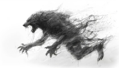 Capture the transformation of a man into a werewolf in a dynamic side view illustration