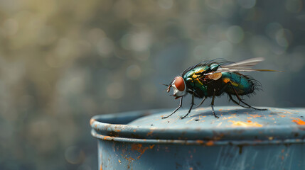 flies on the pile of trash, blurred background