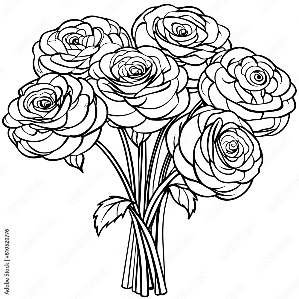 Wall mural ranunculus flower outline illustration coloring book page design, ranunculus flower black and white 