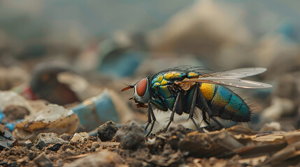 flies on the pile of trash, blurred background
