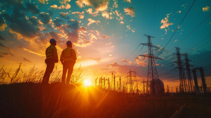Fototapeta premium Two electrical engineers in hard hats standing in a field, observing power lines against a dramatic sunset sky.