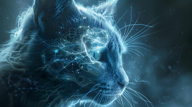  Cat's head with intricate neural connections and circuitry, symbolizing the integration of big data and artificial intelligence.digital brain manifested in the form of a blue feline with a transparen