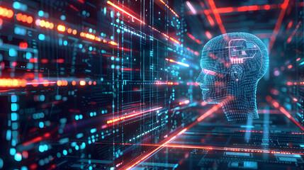 machine learning algorithms and big data analytics illustrated through a dynamic visualization .human brain as a circuit board,.dynamic interplay between human mind cognition, artificial intelligence.