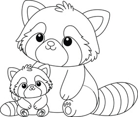 Cute kawaii red panda and baby cartoon character coloring page vector illustration. Wild animal, mothers day colouring page for kids