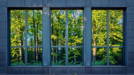 The photo shows a view of a forest through a modern office window.