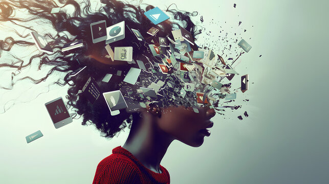 powerful visual metaphor of social media addiction, with a young woman's head bursting open from the pressure of excessive information.information illustrated by a young woman's brain exploding .