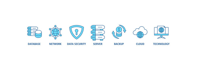 Data center banner web icon set vector illustration concept with icon of database, network, data security, server, backup, cloud and technology