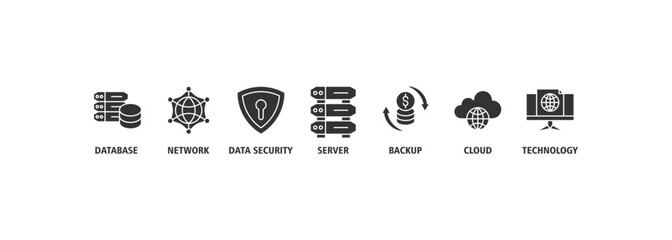 Data center banner web icon set vector illustration concept with icon of database, network, data security, server, backup, cloud and technology