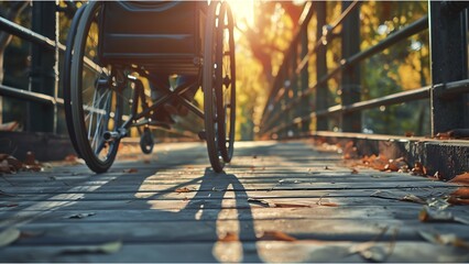 Close up of person in wheelchair on elevated bridge, high resolution photography, copy space concept