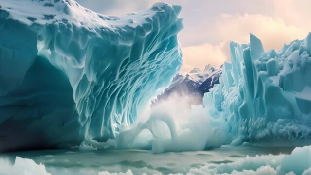 A majestic glacier collapsing into a turquoise glacial lake, climate change.
