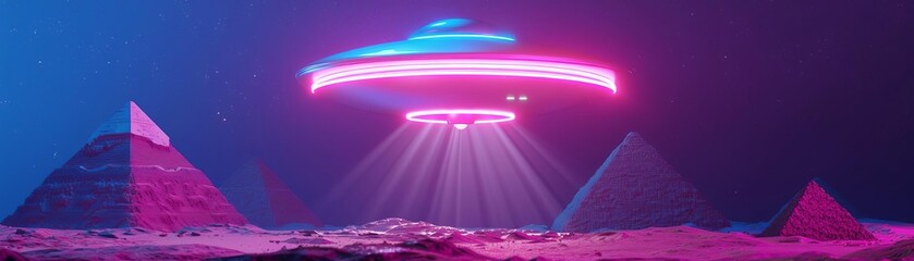 A neon lit UFO hovers above a futuristic pyramid, creating an enigmatic sci-fi concept