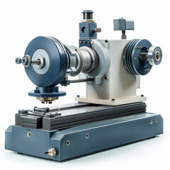 Detailed view of a precision lathe machine tool, showcasing its complex mechanism on a clear white background.