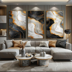 Modern abstract painting of agate on a large canvas, with a golden color gradient and dark gray background, using brushstrokes, without a frame - suitable as living room wall art. Created with Ai