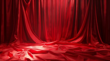 Luxurious Red Silk Curtain with Draped Fabric on Stage Background