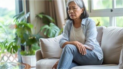 Obraz premium A distraught senior Asian woman feeling unwell, suffering from pain in leg while sitting on sofa in the living room at home