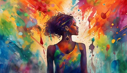 Colorful watercolor illustration of a black woman. AI-generated.