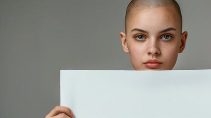 A young bald-haired European woman holds a blank white banner. His face was filled with an expression of determination and enthusiasm to provide support to those affected by cancer, Ai generated Image
