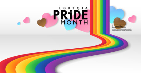 Colorful LGBTQIA pride month banner with 3D rainbow and hearts on white background. Vector template background.