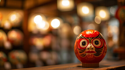 Daruma statue placed on a sales table, the statue stands out with its bright red color and unfilled eyes, Ai generated Images