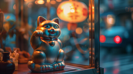 Maneki Neko placed on a shop window table, statue of a lucky cat smiling kindly with left hand raised, Ai generated Images