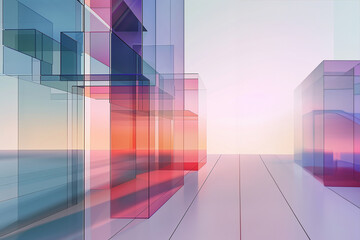 Generative ai 3d render abstract glass architecture with empty space, chromatic gradient simple square shapes-4