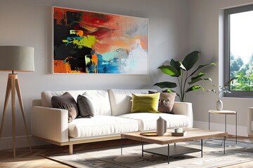 Modern Living Room Interior with Abstract Art, Wooden Picture Frame, Minimalist Decor, Coffee Table, Window View, and House Plant. 3D Illustration of Sofa Setting