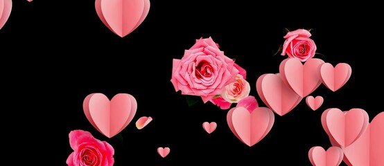 pink hearts and roses abstract with black background illustration 