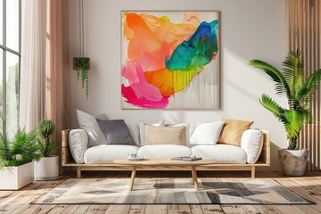 Modern Living Room Interior with Abstract Art, Wooden Picture Frame, Minimalist Decor, Coffee Table, Window View, and House Plant. 3D Illustration of Sofa Setting