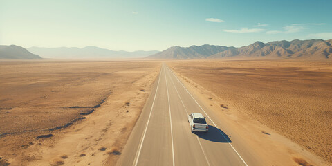 A drone view of pickup car on a long straight road in the middle of the desert
