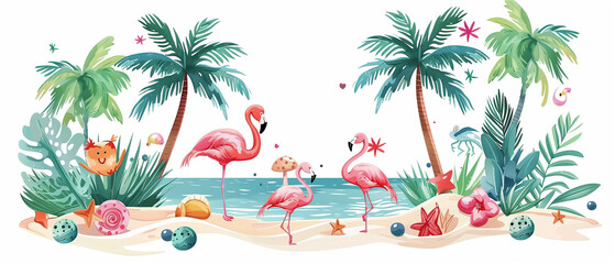 Obraz premium Assortment of bright summer objects, including a pink flamingo, with room for text.