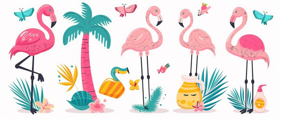 Vibrant summer items featuring a pink flamingo, with space for text.