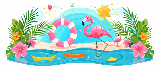 Obraz premium Colorful summer elements with pink flamingo, isolated with copy space.