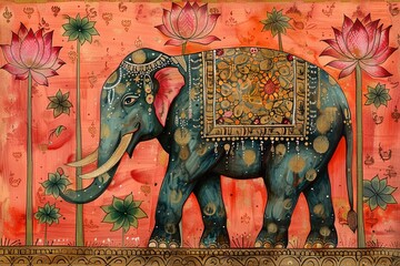 Fototapeta premium Serene and wise elephant, body decorated with lotuses, in traditional Madhubani Bharni style painting, graceful theme